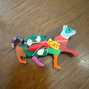 Joe Sam Signed Walking Cat Hand Painted Pin 3”x2” Vintage